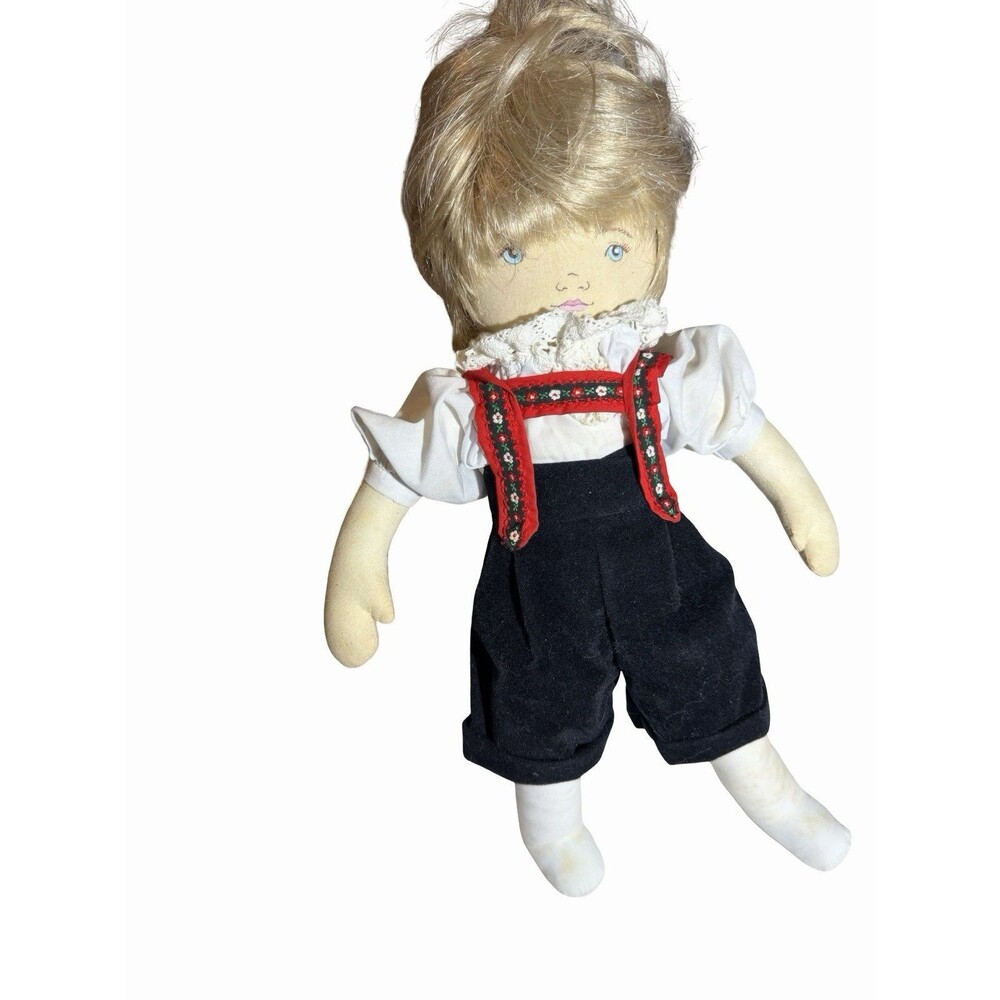 Dolls By Pauline Rag Doll 1984 Boy with Velvet Lederhosen Blue Eyes Hand Painted